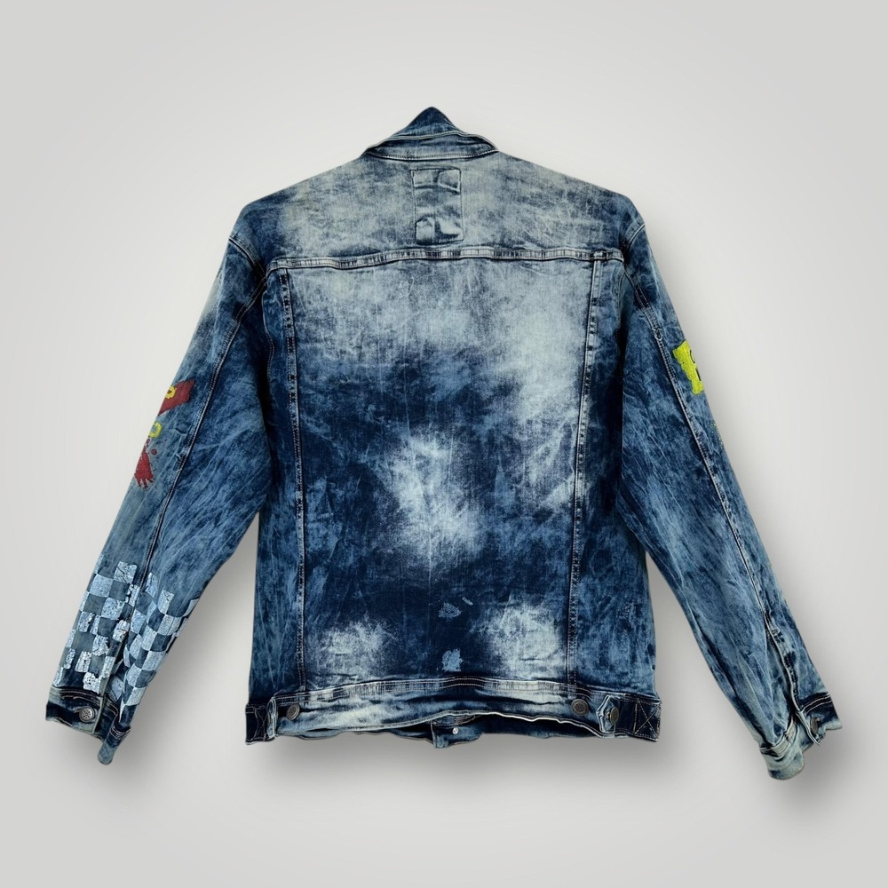 Copper Rivet Denim Jacket Mens XL Blue Bomber Graphic Checkered Street Art Skull - Picture 6 of 10